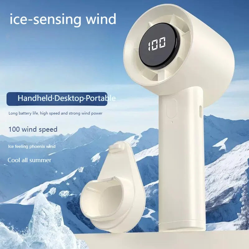 Portable Mini Handheld Fan with LED Display Semiconductor Refrigeration 100 Speeds USB Rechargeable Battery Outdoor Fan - Color:  Light Yellow
