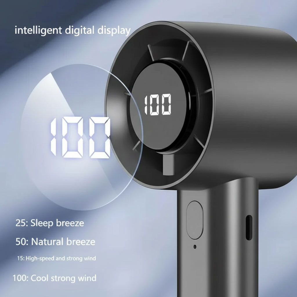 Portable Mini Handheld Fan with LED Display Semiconductor Refrigeration 100 Speeds USB Rechargeable Battery Outdoor Fan